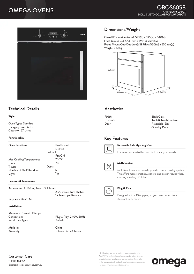 Page 1 de la notice Fiche technique Omega OBOS605B
