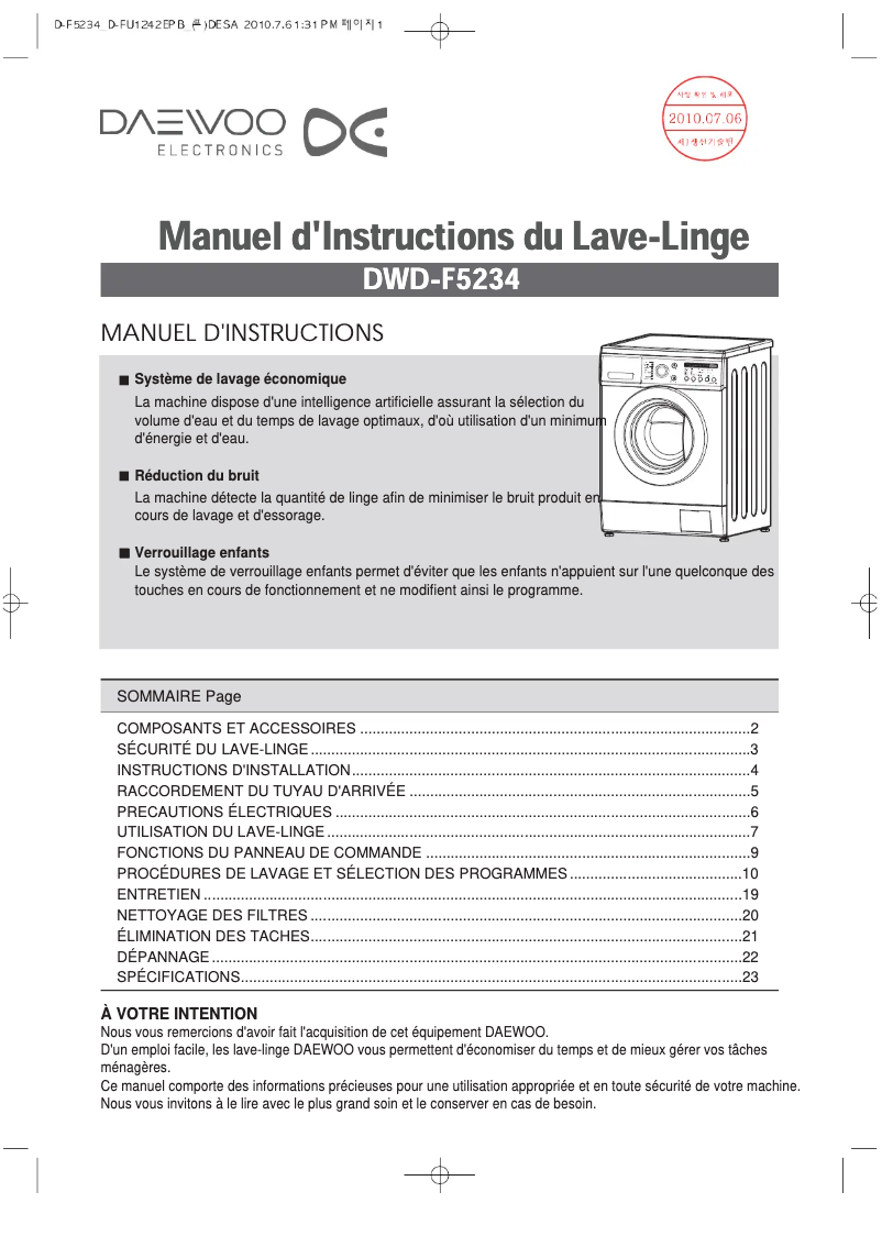 Page n°1 - Manuel utilisateur Daewoo DWD-F5234
