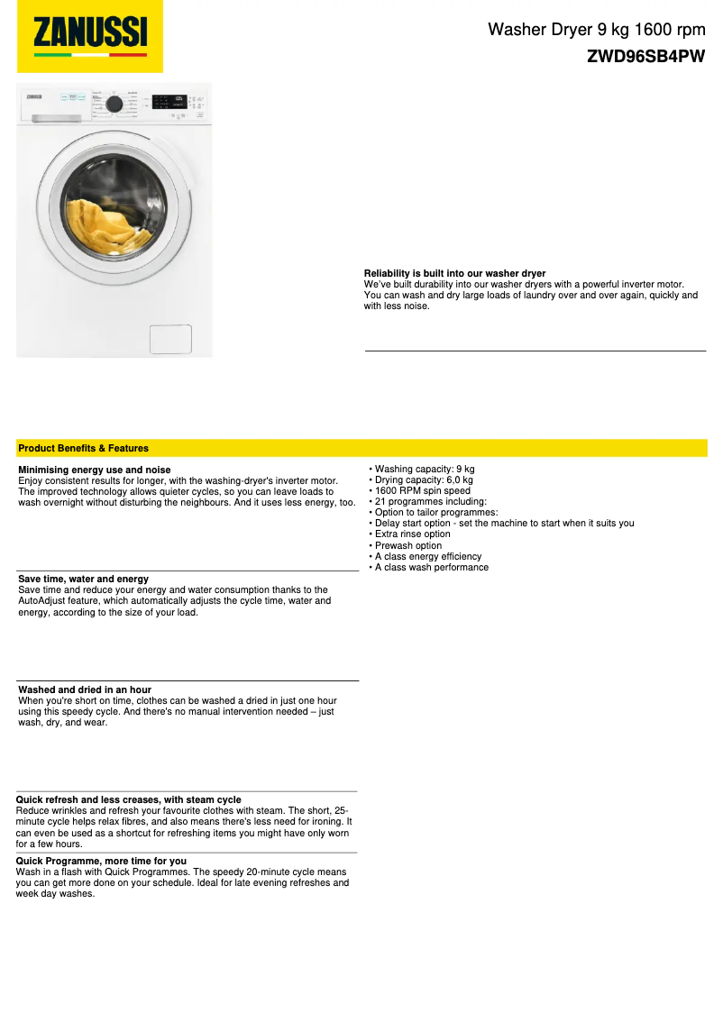 Page 1 de la notice Fiche technique Zanussi ZWD96SB4PW