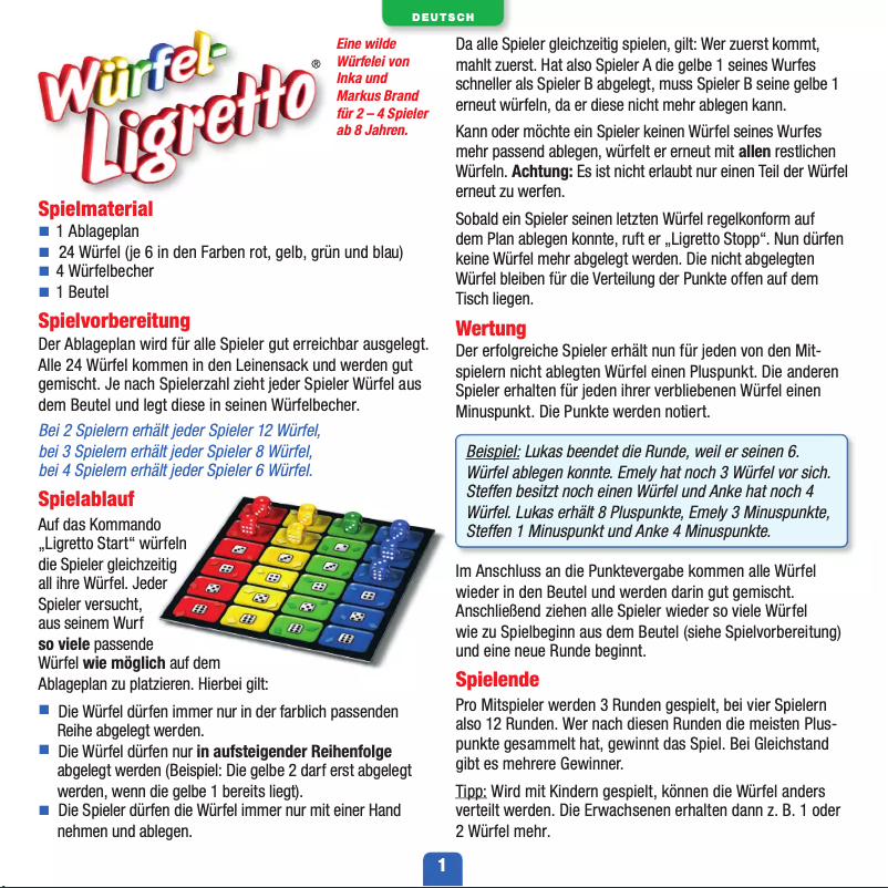 Page n°1 - Manuel utilisateur Schmidt Würfel-Ligretto