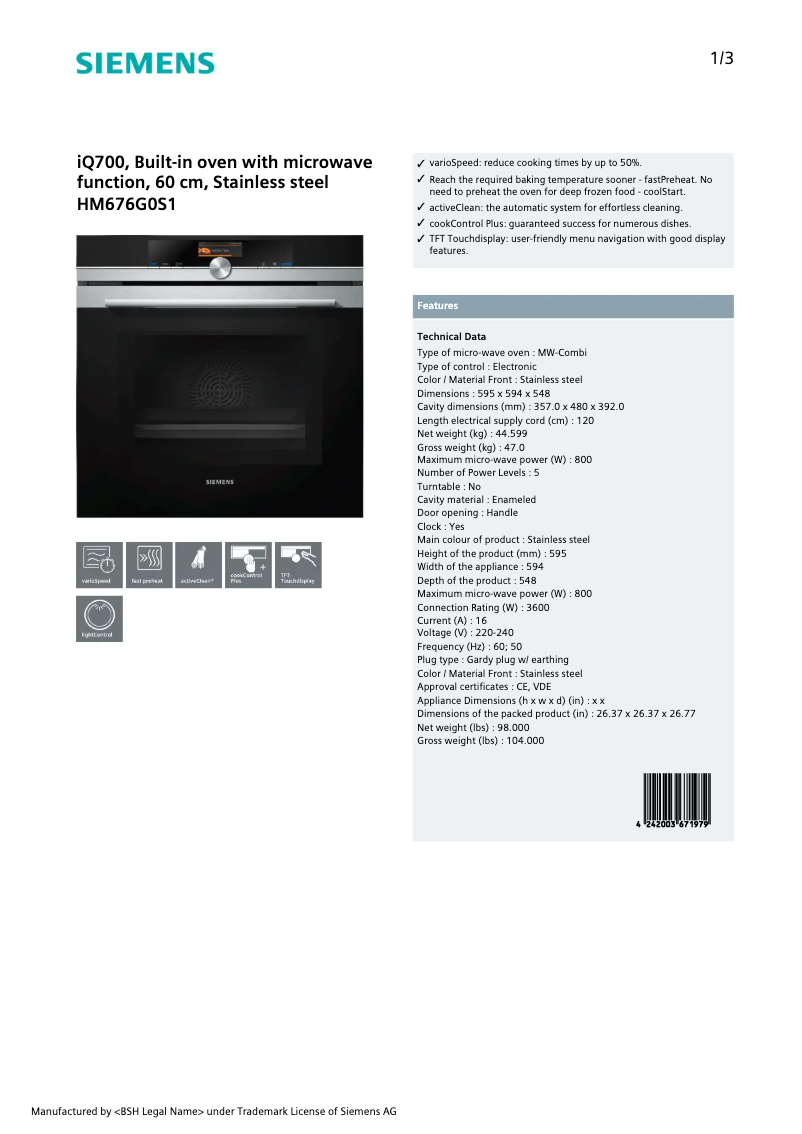 Page n°1 - Fiche technique Siemens HM676G0S1F