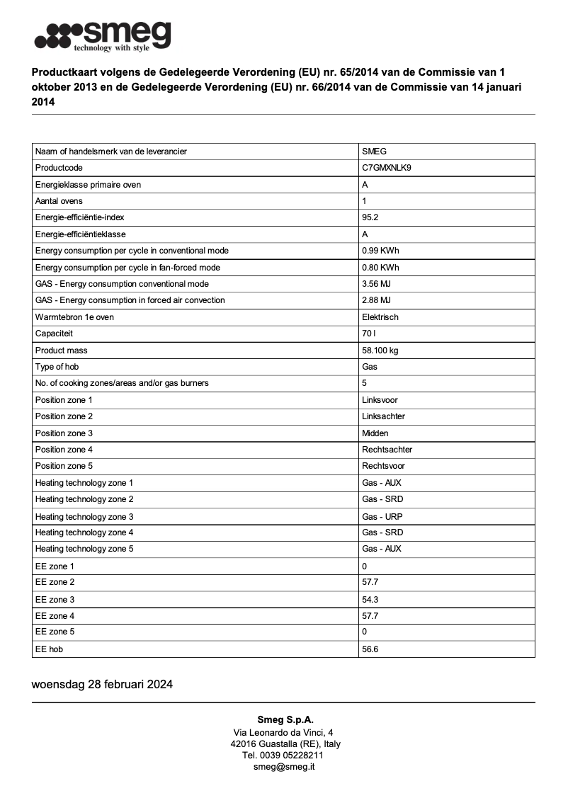 Page 1 de la notice Fiche technique Smeg C7GMXNLK9