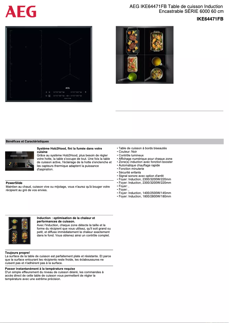Page 1 de la notice Fiche technique AEG IKE64471FB