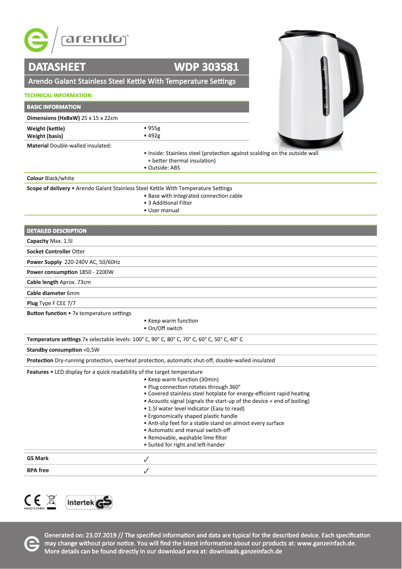 Page 1 de la notice Fiche technique Arendo 303097