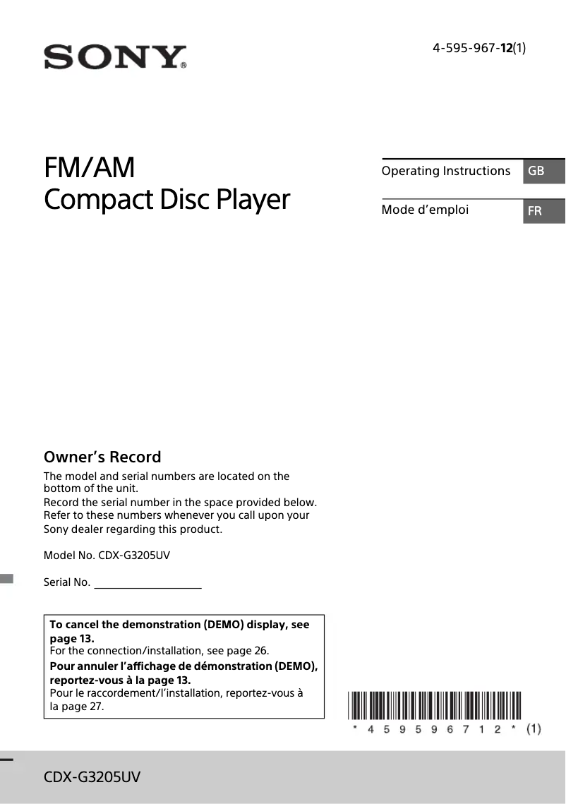 Page 1 de la notice Manuel utilisateur Sony CDX-G3205UV