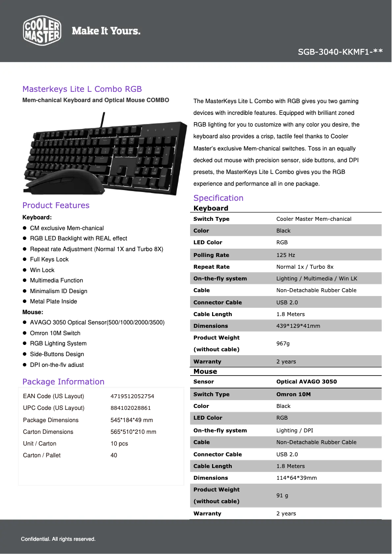 Image de la première page du manuel de l'appareil MasterKeys Lite L RGB Combo
