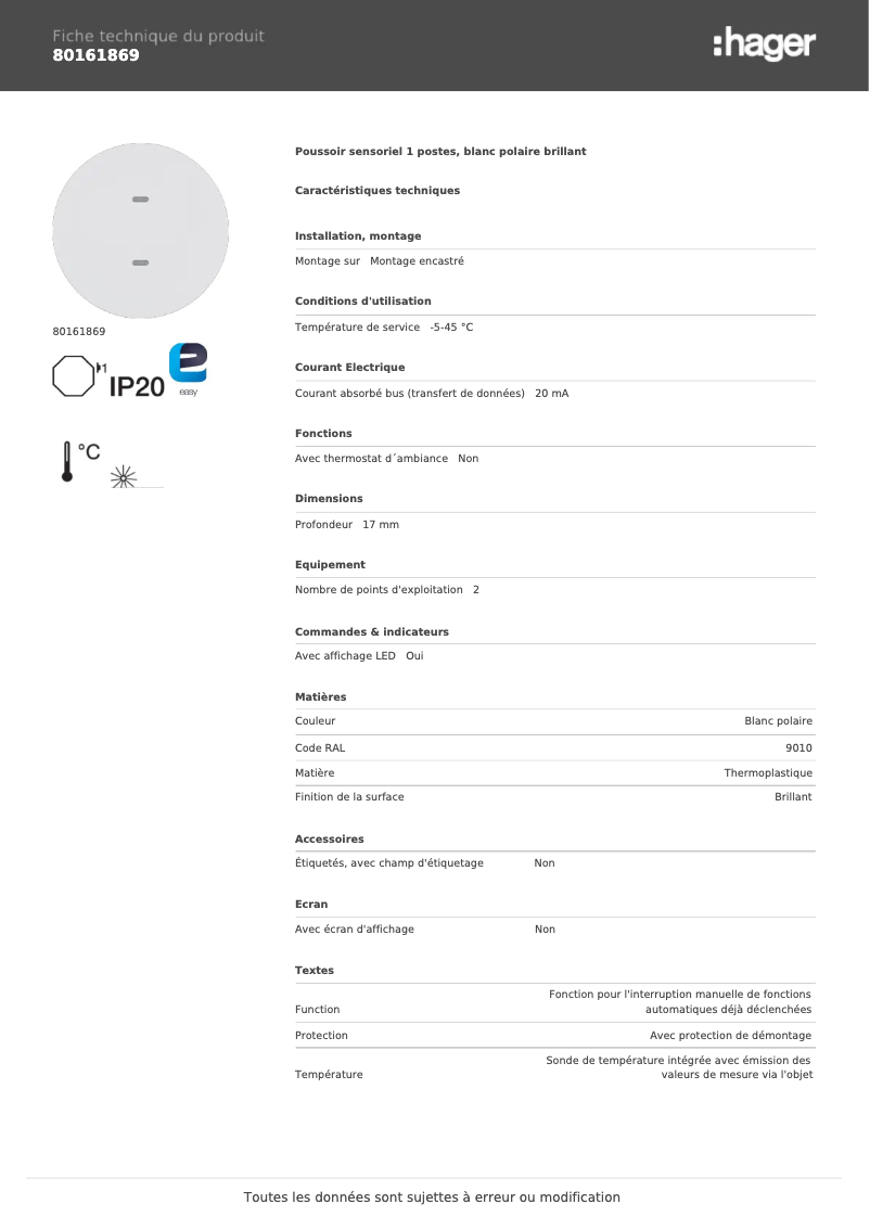 Page 1 de la notice Fiche technique Hager 80161869