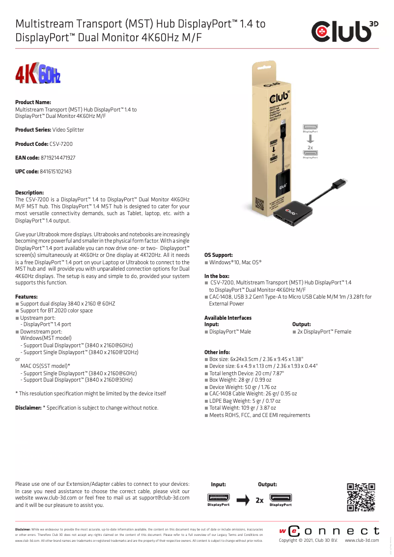 Page n°1 - Manuel utilisateur CLUB3D CSV-7220