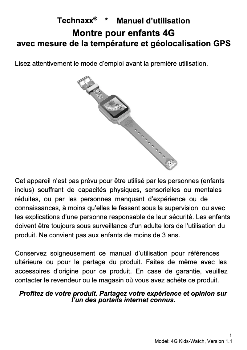 Page 1 de la notice Manuel utilisateur Technaxx 4G Kids-Watch