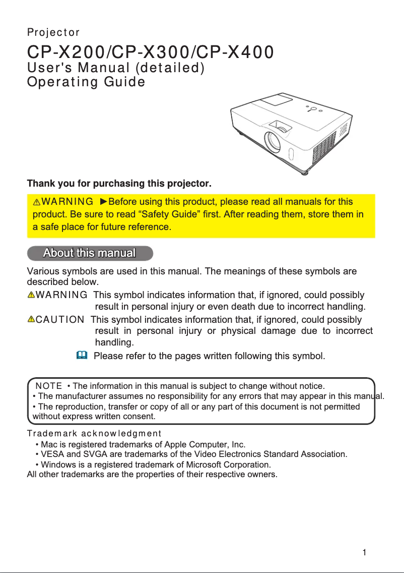 Page n°1 - Manuel utilisateur Hitachi CP-X400