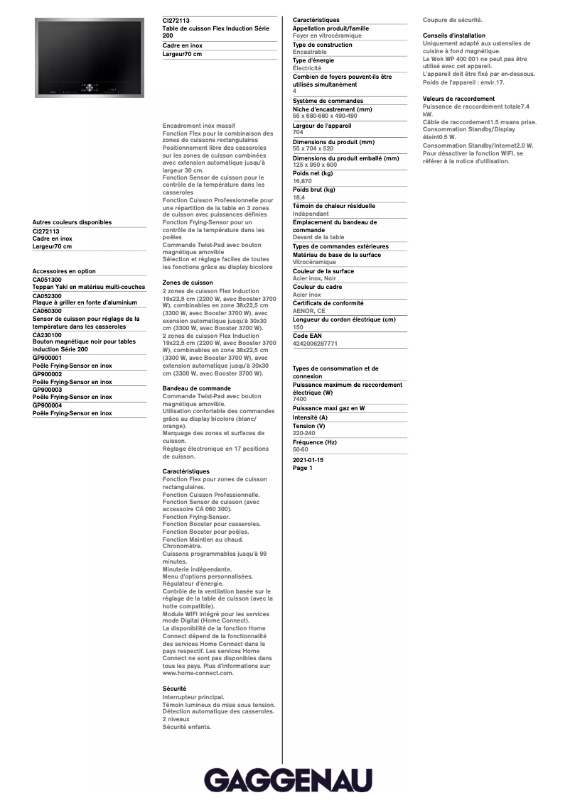 Página 1 del manual Ficha técnica Gaggenau CI272113