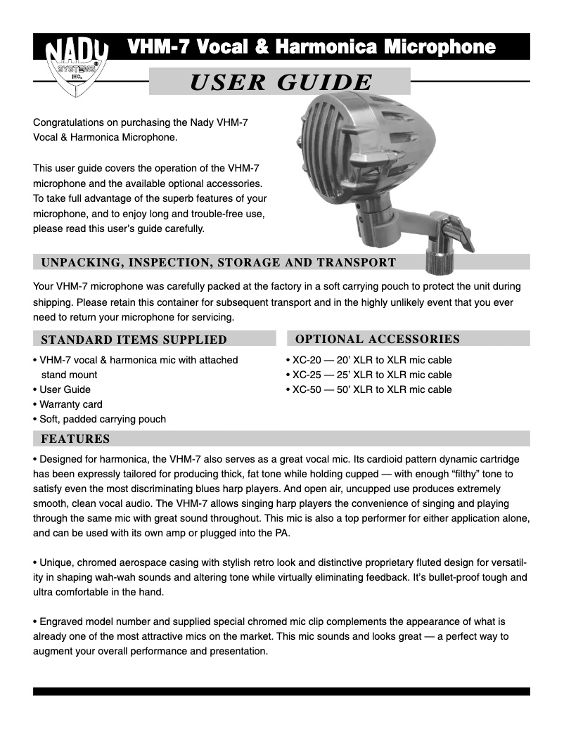 Page 1 de la notice Manuel utilisateur Nady Systems VHM-7