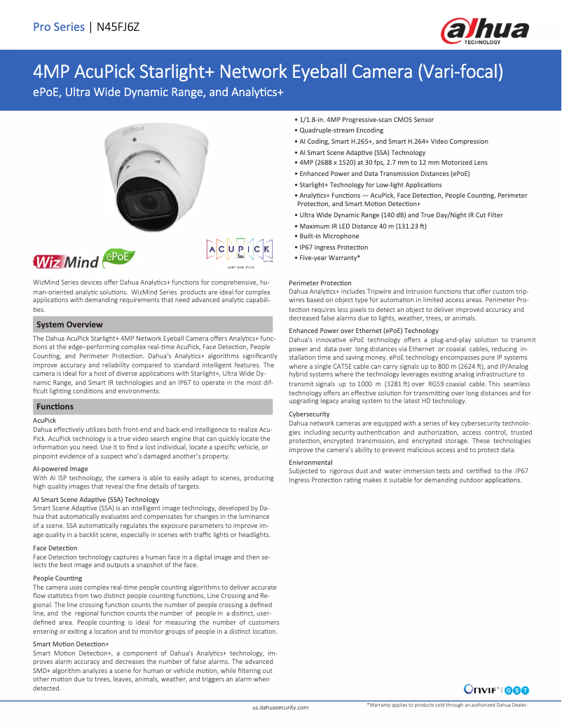 Page 1 de la notice Fiche technique Dahua Technology N45FJ6Z