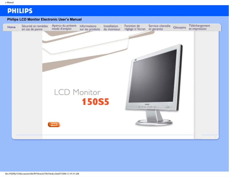 Page 1 de la notice Manuel utilisateur Philips 150S5FB