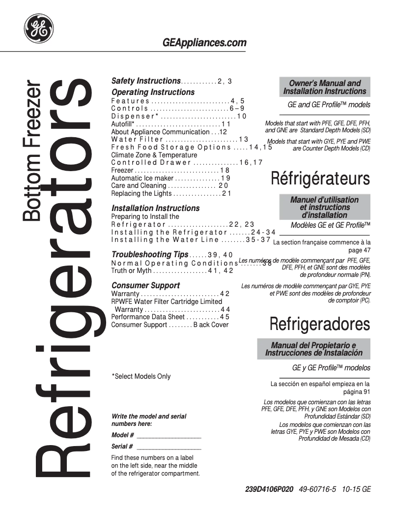 Page 1 de la notice Manuel d'utilisation et d'entretien GE GFE28HSHSS