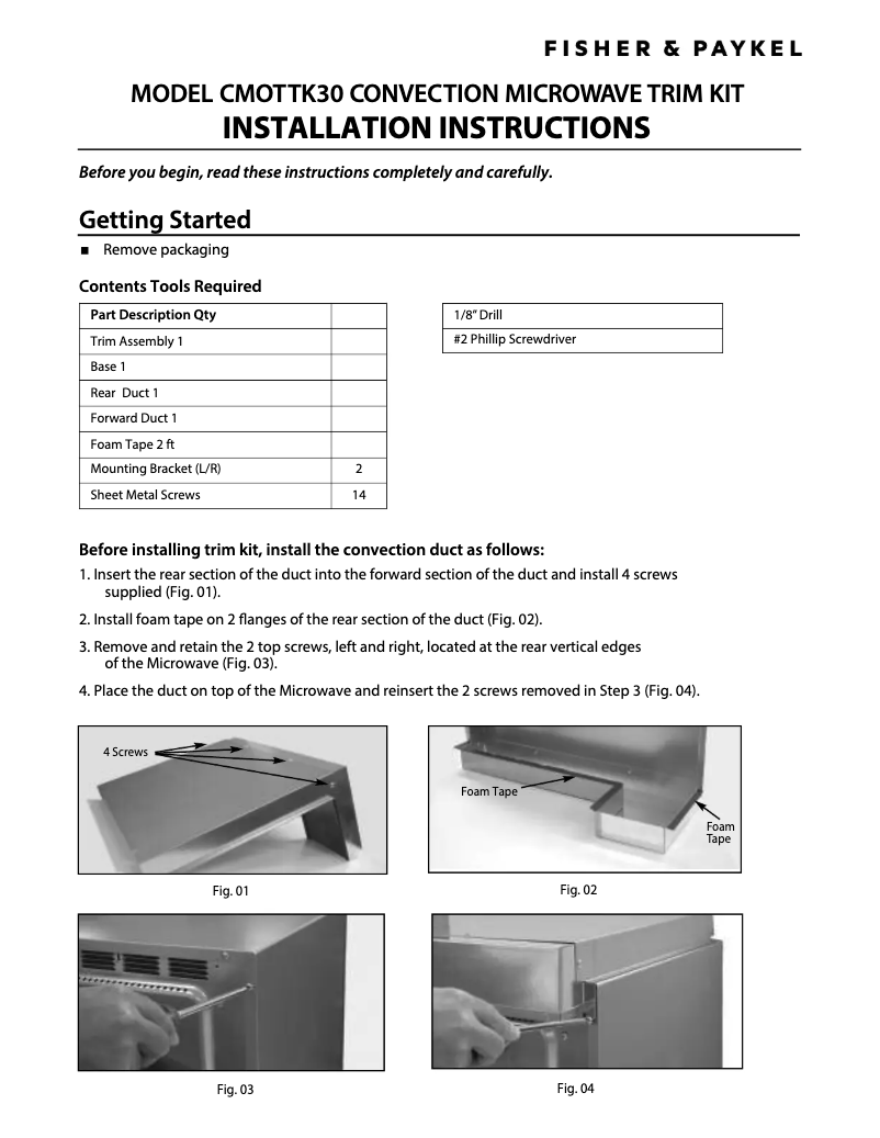 Page n°1 - Guide d'installation Fisher & Paykel CMOTTK-30-SS