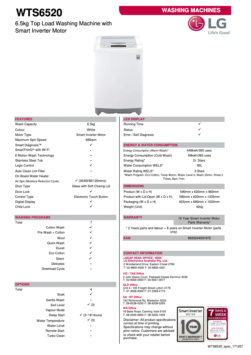 Page 1 de la notice Fiche technique LG WTS6520