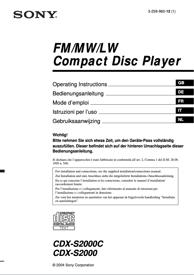 Page 1 de la notice Mode d'emploi Sony CDX-S2000C
