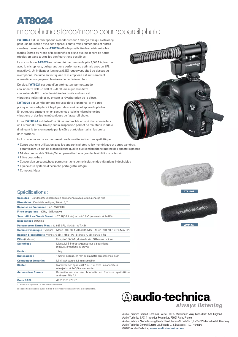 Page n°1 - Fiche technique Audio-Technica AT8024