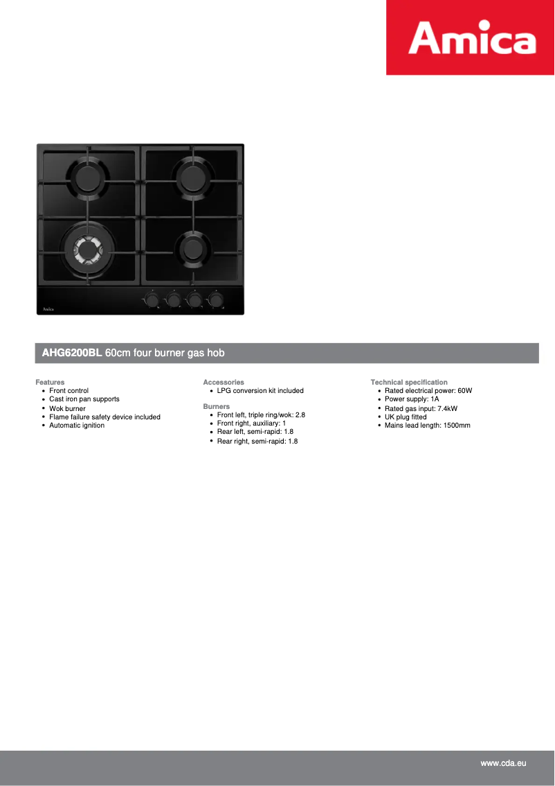 Page n°1 - Fiche technique Amica AHG6200BL