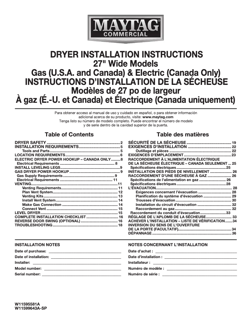 Page 1 de la notice Informations de garantie Maytag MGDP575GW