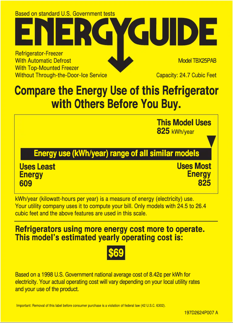 Page n°1 - Label énergétique GE Profile TBX25PABAA