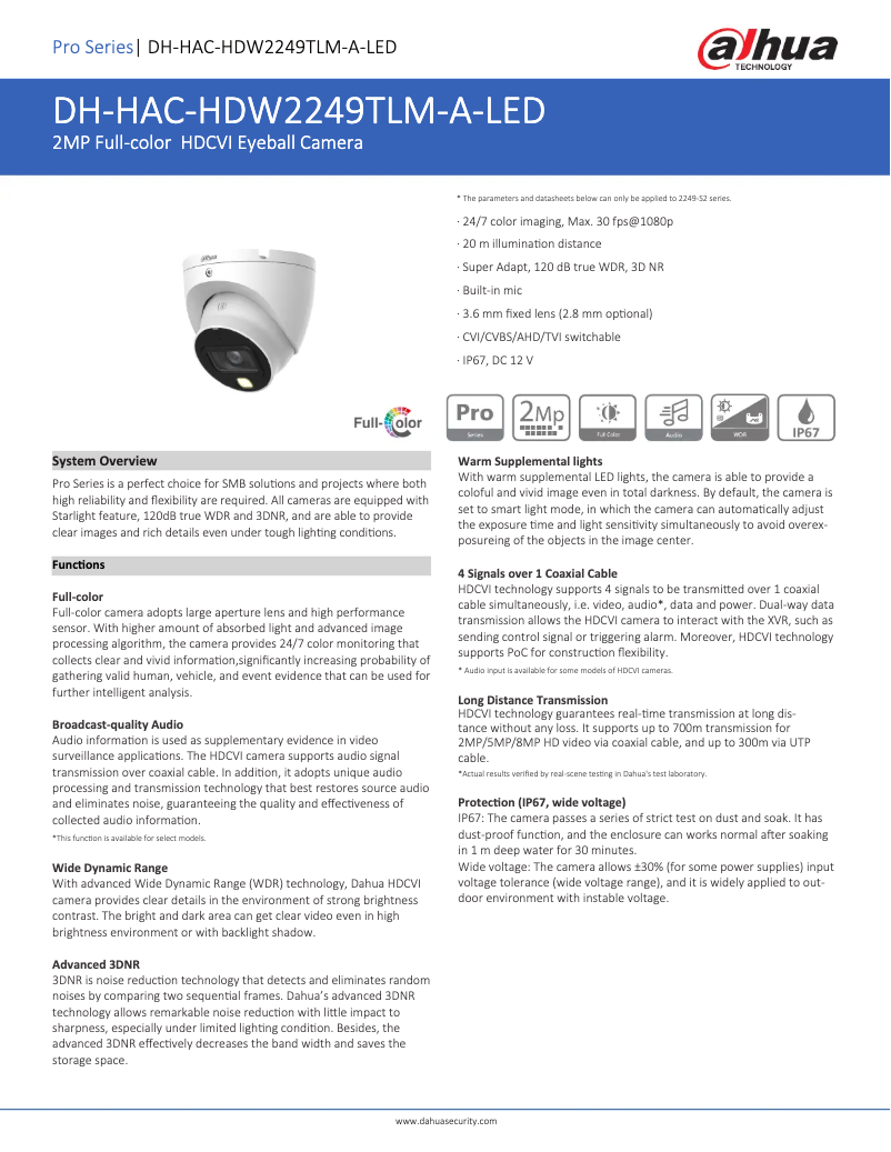 Page 1 de la notice Fiche technique Dahua Technology HAC-HDW2249TLM-A-LED