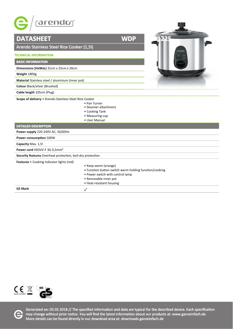 Page 1 de la notice Fiche technique Arendo Edo 301225