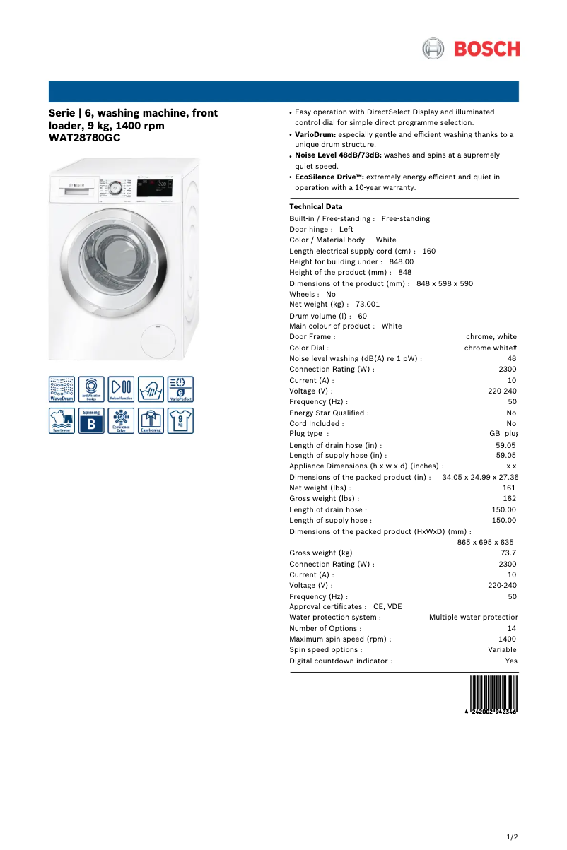 Image de la première page du manuel de l'appareil WAT28780GC