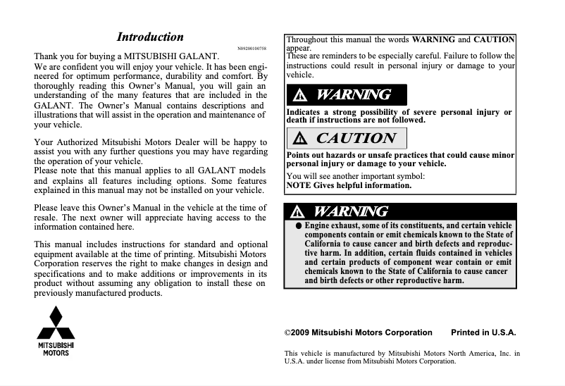Page 1 de la notice Manuel utilisateur Mitsubishi Galant (2010)