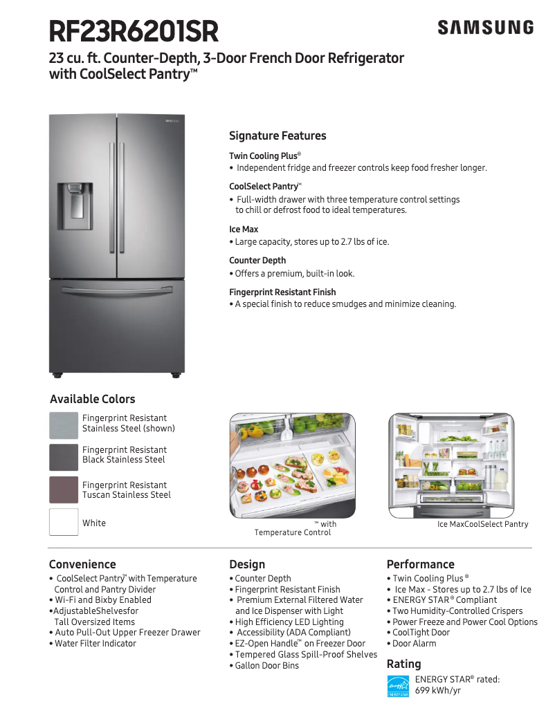 Page 1 de la notice Fiche technique Samsung RF23R6201WW