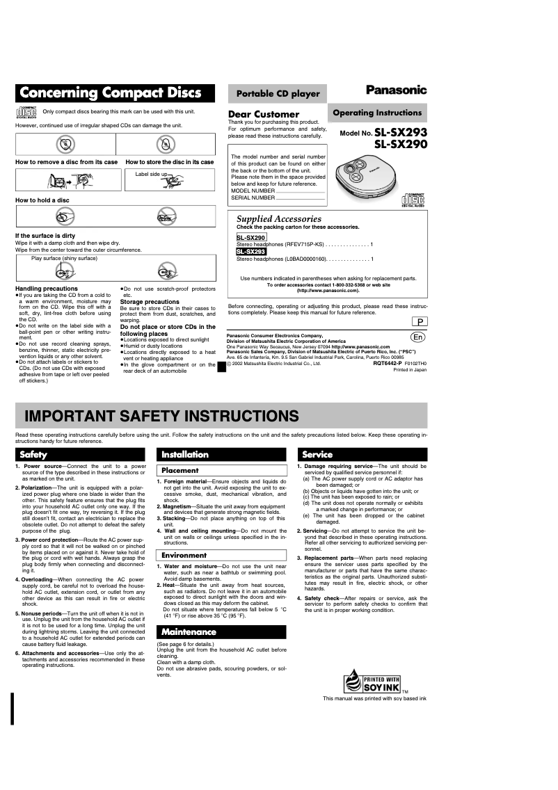 Page 1 de la notice Manuel utilisateur Panasonic SL-SX293
