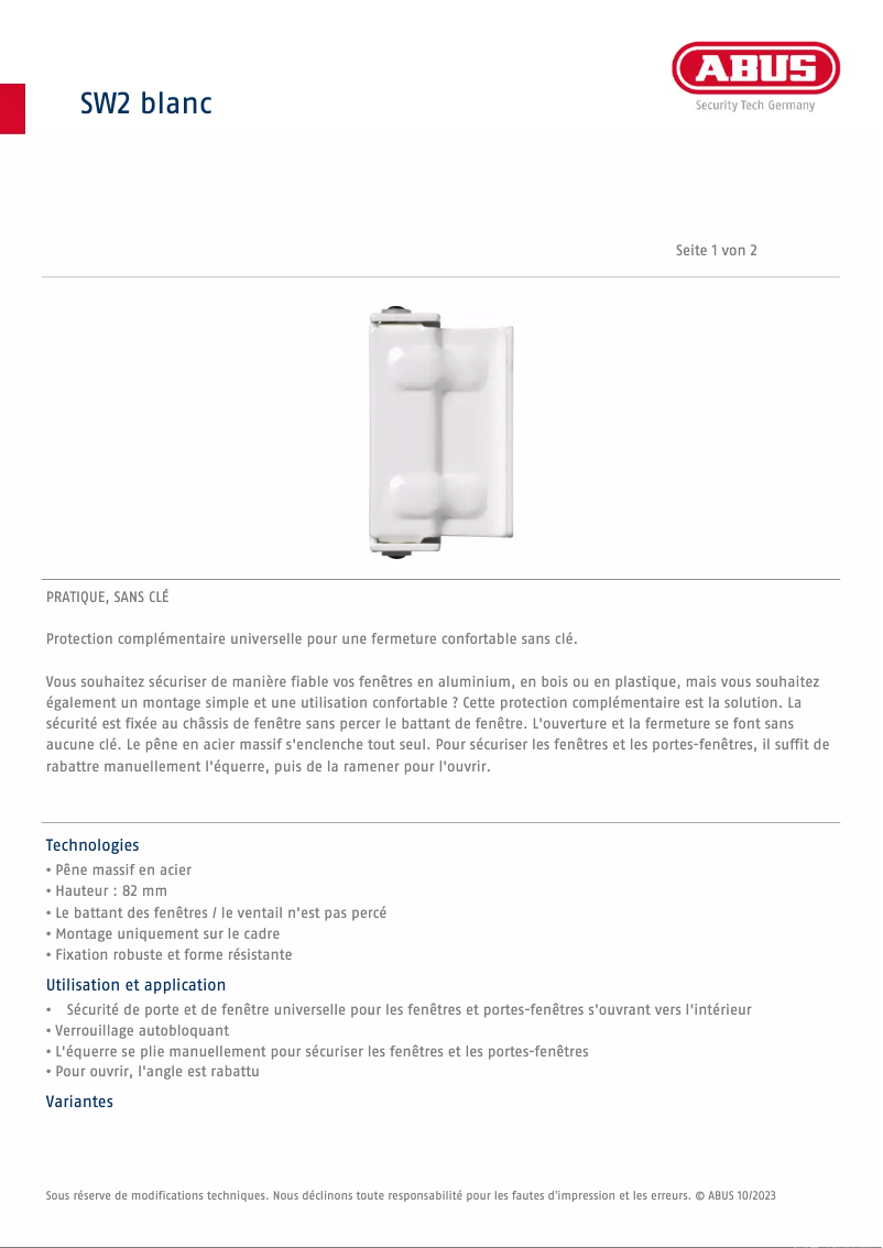 Page n°1 - Fiche technique Abus SW2