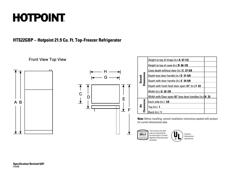 Page n°1 - Fiche technique Hotpoint HTS22GBPWW