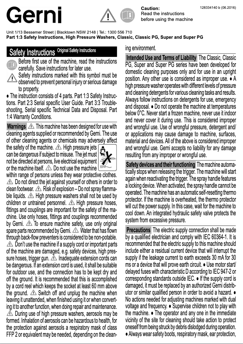 Page n°1 - Manuel utilisateur Gerni Classic 110.5