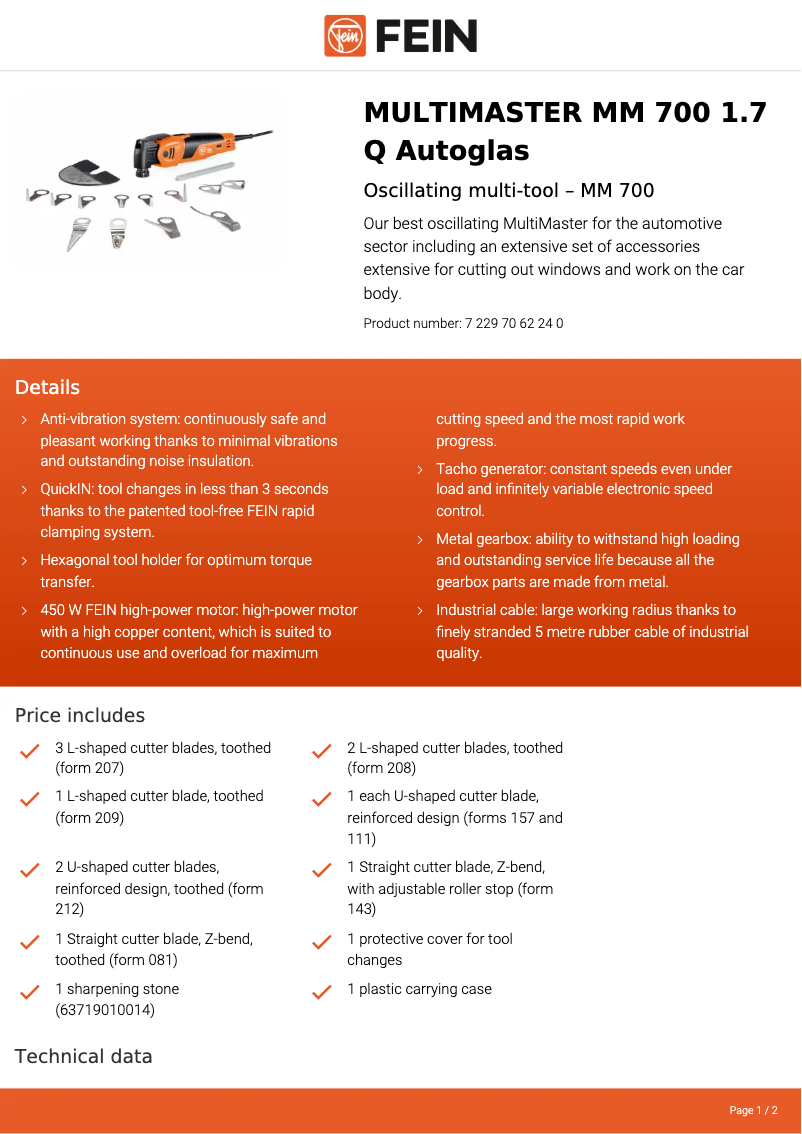 Page 1 de la notice Fiche technique Fein Multimaster MM 700 1.7 Q Autoglas