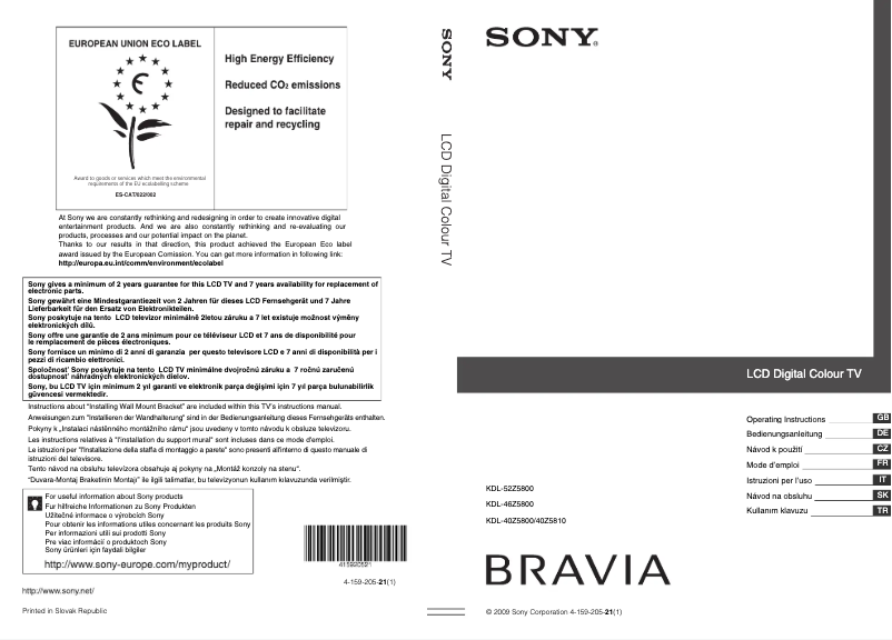 Page 1 de la notice Manuel utilisateur Sony Bravia KDL-52Z5800