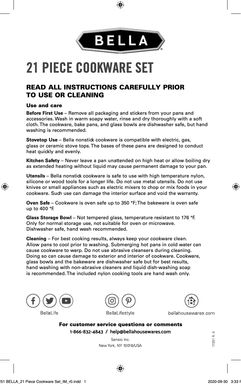Page 1 de la notice Manuel utilisateur Bella 21 Piece Cookware Set