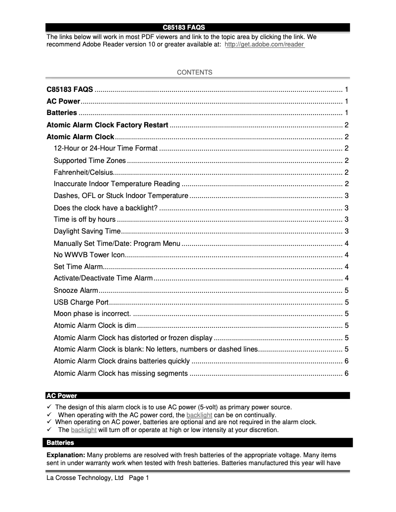 Page 1 de la notice FAQ La Crosse Technology C85183