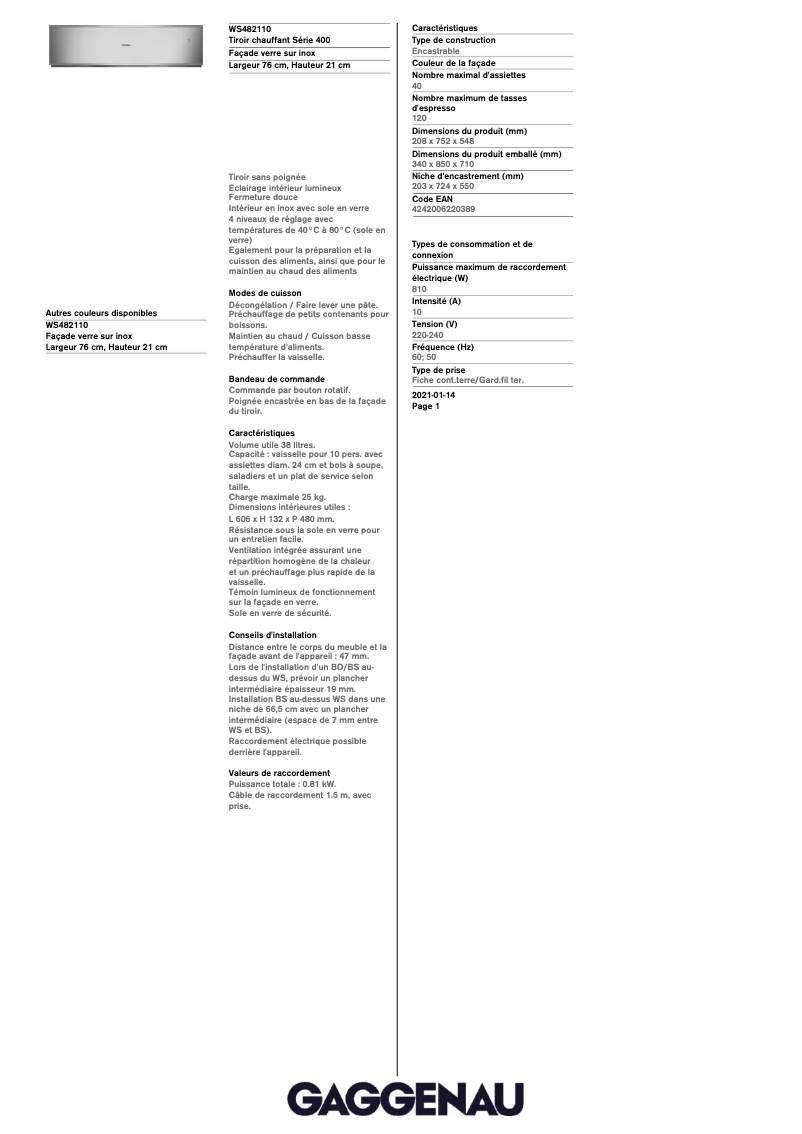 Page 1 de la notice Fiche technique Gaggenau WS482110