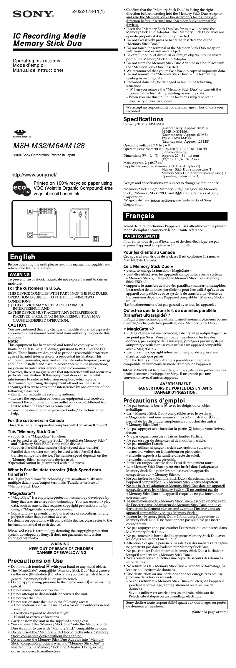 Page 1 de la notice Manuel utilisateur Sony MSH-M128A