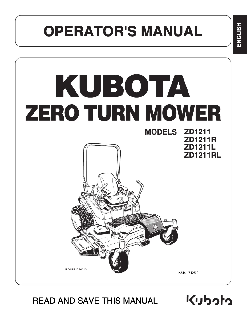 Page 1 de la notice Manuel utilisateur Kubota ZD1211RL-72R