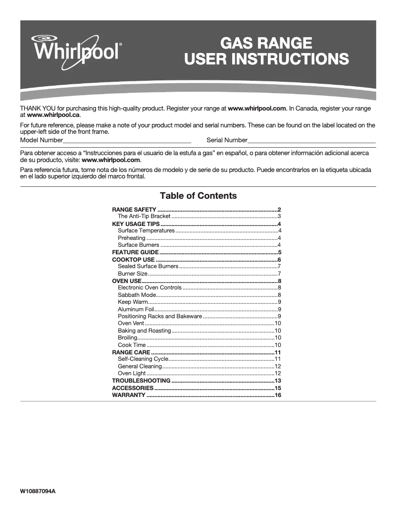 Page 1 de la notice Manuel utilisateur Whirlpool WEG515S0FS