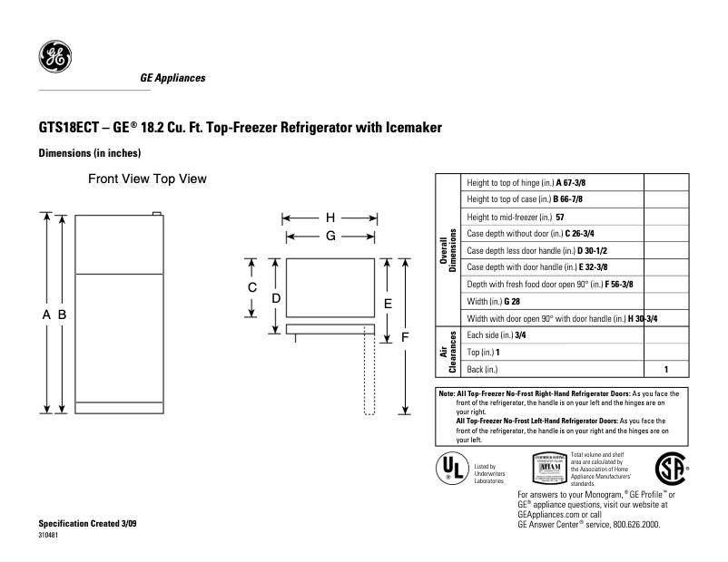 Page n°1 - Fiche technique GE GTS18ECTWW