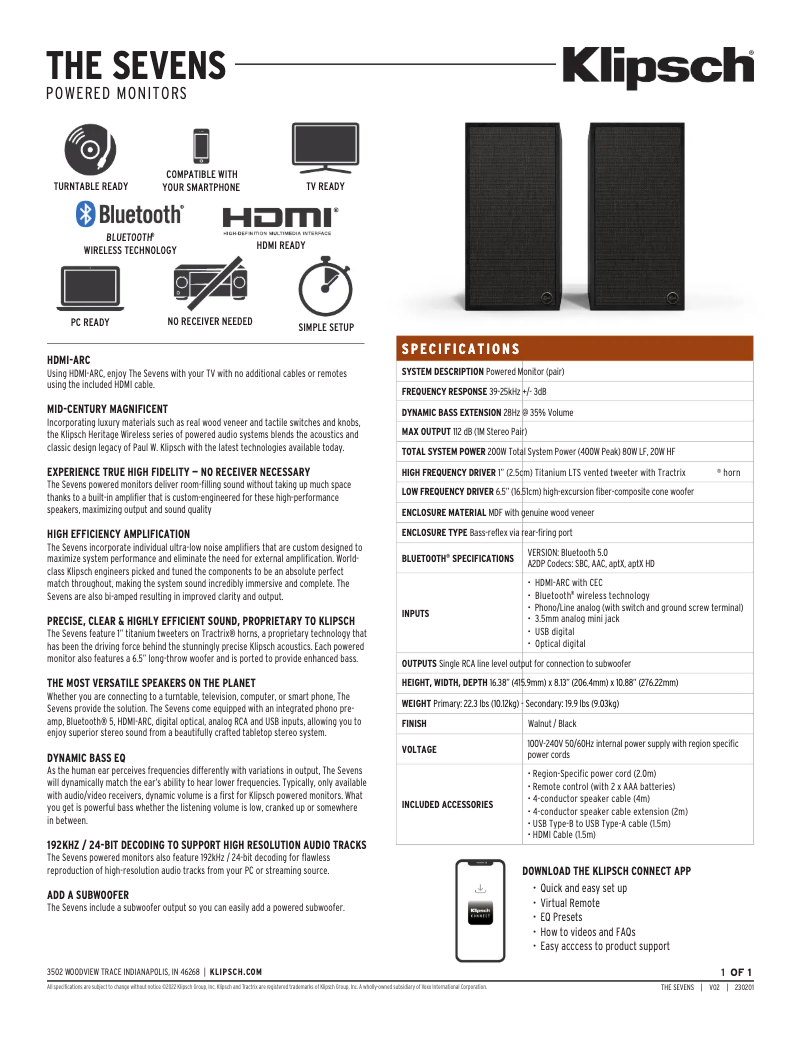 Page 1 de la notice Fiche technique Klipsch The Sevens