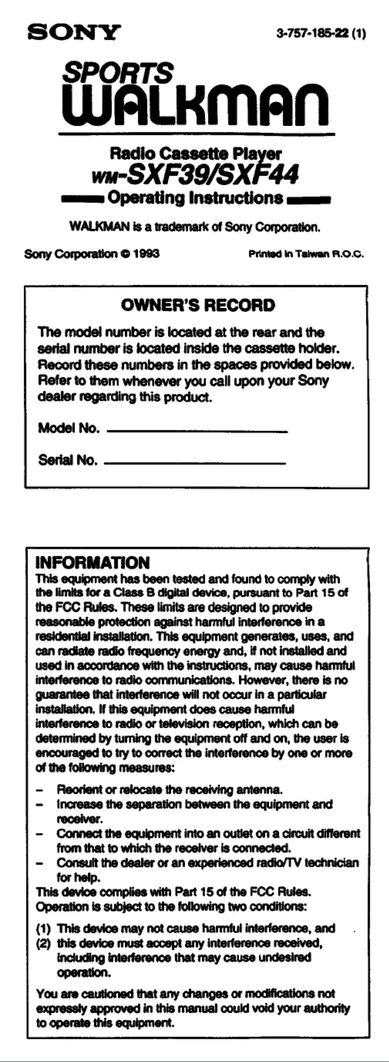 Page n°1 - Manuel utilisateur Sony Walkman WM-SXF44