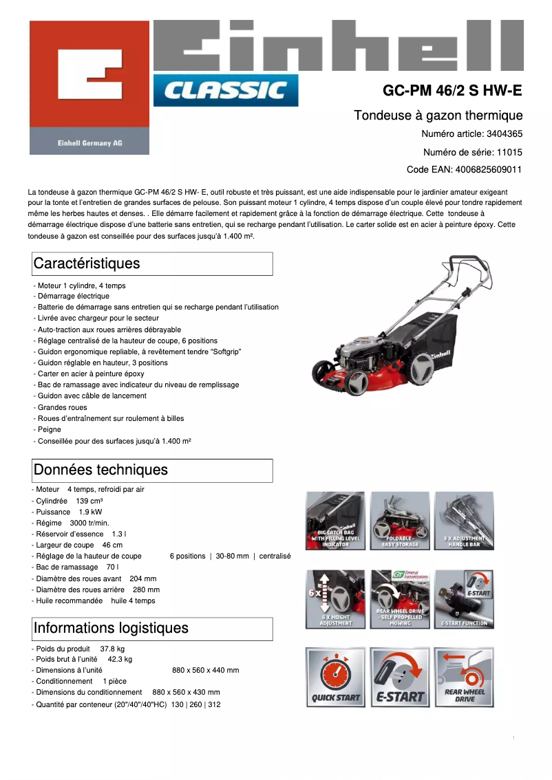 Page 1 de la notice Fiche technique Einhell GC-PM 46/2 S HW-E
