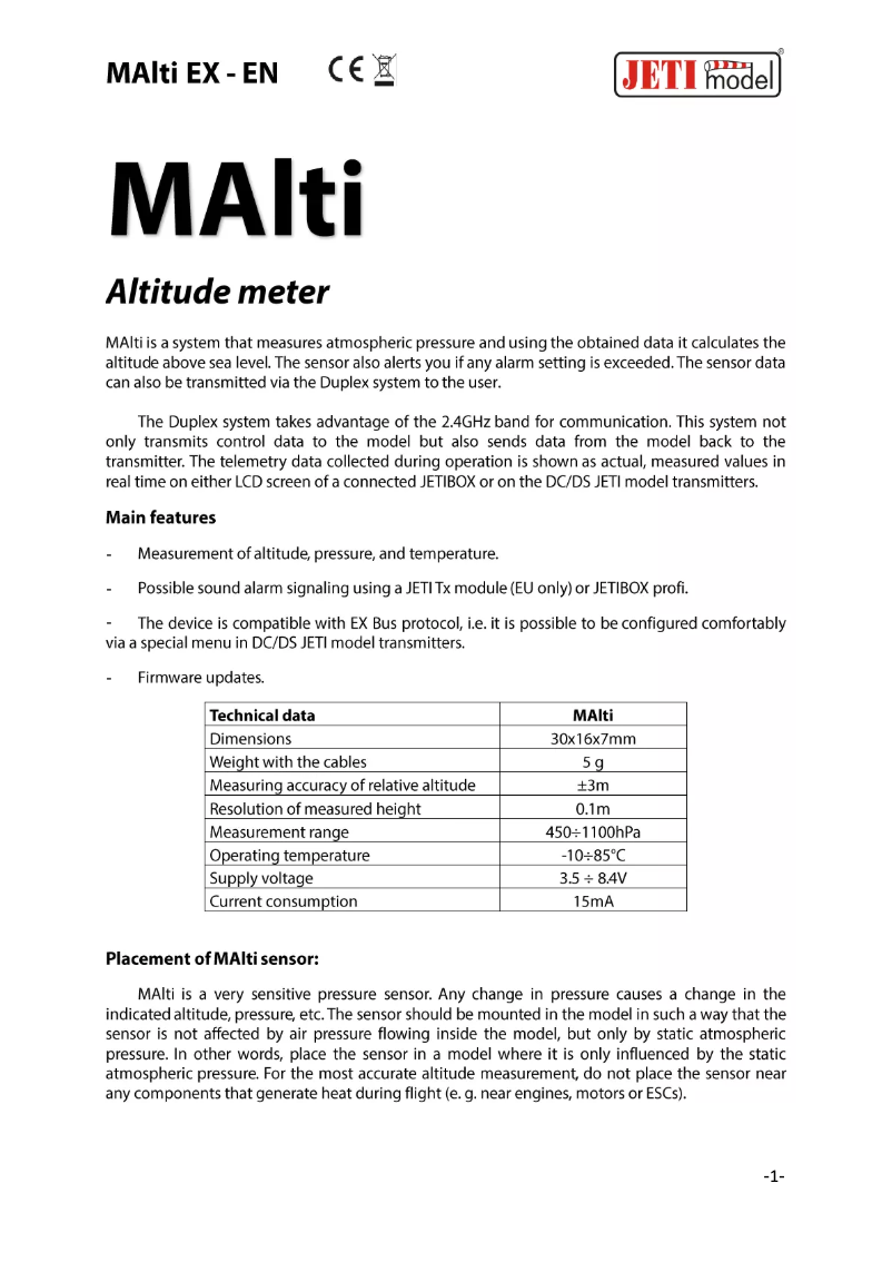 Page 1 de la notice Manuel utilisateur JETI JEX-MA