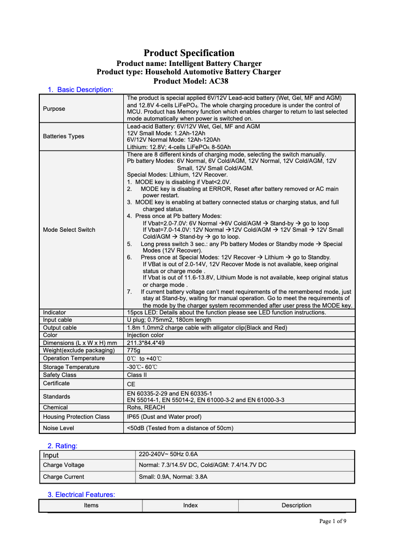 Page 1 de la notice Fiche technique Perel AC38