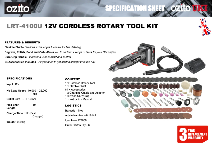 Page 1 de la notice Fiche technique Ozito LRT-4100U